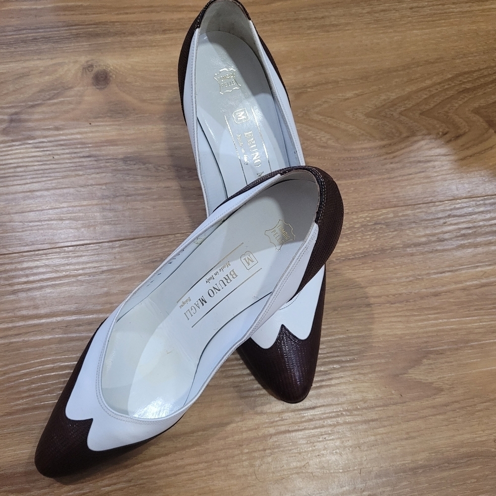 Bruno Magli Two-Tone Brown and White Heels - Picture 2 of 10